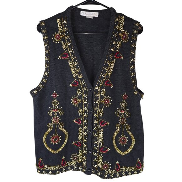 Vintage Claudia D. Black Knit Vest Red & Gold Bead Embellishments 1996 Holiday - Picture 1 of 6